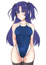 Rule 34 | 1girl, absurdres, arms behind back, black thighhighs, blue archive, blue eyes, blue hair, blue one-piece swimsuit, collarbone, competition swimsuit, cowboy shot, gluteal fold, groin, hair ribbon, hibika, highleg, highleg swimsuit, highres, long hair, looking at viewer, one-piece swimsuit, ribbon, simple background, solo, standing, swimsuit, thighhighs, two side up, white background, yuuka (blue archive)