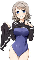 Rule 34 | 10s, 1girl, bad id, bad pixiv id, bare legs, black serafuku, black shirt, blouse, blue eyes, blue one-piece swimsuit, blush, breasts, clothes lift, competition swimsuit, covered navel, cowboy shot, grin, hands up, holding, holding clothes, holding skirt, large breasts, legs together, light brown hair, looking at viewer, love live!, love live! sunshine!!, narrow waist, one-piece swimsuit, school uniform, serafuku, shirt, shirt lift, short hair, simple background, skirt, unworn skirt, smile, solo, suzume miku, swept bangs, swimsuit, swimsuit under clothes, watanabe you, white background