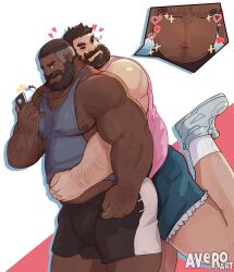 Rule 34 | 2boys, absurdres, arm hair, avero art, bara, beard, belly, bulge, chest hair, couple, dark-skinned male, dark skin, facial hair, fat, fat man, feeling body hair, feet out of frame, from side, full beard, hairy, happy, heart, highres, holding, holding phone, hug, hug from behind, interracial, large pectorals, leg hair, leg up, lifting another&#039;s clothes, loving aura, male focus, mature male, multiple boys, muscular, muscular male, navel hair, nipples, obese, original, pectorals, phone, pink shirt, shirt, shoes, short hair, sidepec, sneakers, sparkling aura, spoken object, thick beard, thick eyebrows, thick mustache, thick thighs, thighs, very dark skin, yaoi