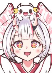 Rule 34 | + +, 1girl, :d, alternate hair length, alternate hairstyle, blunt bangs, blush, bob cut, center-flap bangs, commentary request, creature, creature on head, fang, grey hair, hololive, horns, japanese clothes, kimono, looking up, mer (pixiv73244876), multicolored hair, nakiri ayame, nakiri ayame (shrine maiden), nontraditional miko, official alternate costume, open mouth, poyoyo (nakiri ayame), print kimono, red eyes, red hair, short hair, skin-covered horns, smile, solo focus, streaked hair, upper body, upturned eyes, virtual youtuber, wide sleeves, yagasuri