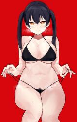 Rule 34 | 1girl, bikini, bikini pull, black bikini, black hair, breasts, cleavage, clothes pull, curvy, en&#039;en no shouboutai, highres, large breasts, looking at viewer, navel, okpriko, red background, sitting, smile, solo, stomach, sweat, swimsuit, tamaki kotatsu, teasing, thick thighs, thighs, twintails, wide hips, yellow eyes