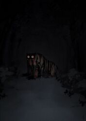 Rule 34 | animal focus, blood, blood on face, blood on hands, constricted pupils, dark, dream tiger (govy9807), highres, horror (theme), looking at viewer, monster, night, no humans, open mouth, original, outdoors, sharp teeth, snow, solo, stingrae36, teeth, tiger, yellow eyes