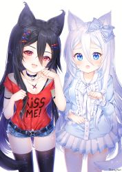Rule 34 | 2girls, :d, :o, animal ear fluff, animal ears, bad id, bad pixiv id, bell, black choker, black hair, black legwear, blue bow, blue eyes, blue shirt, blue shorts, blush, bow, breasts, cat ears, cat girl, cat tail, choker, cleavage, clothes writing, collarbone, commentary, denim, denim shorts, english commentary, english text, fang, fishnets, frilled bow, frills, hair between eyes, hair bow, hair ornament, hairclip, hands up, highres, jingle bell, long hair, medium breasts, multiple girls, nami (nyaa), neck bell, open mouth, original, paw pose, pleated skirt, red eyes, red shirt, shirt, short shorts, short sleeves, shorts, signature, silver hair, simple background, skirt, small breasts, smile, tail, thighhighs, very long hair, white background, white skirt, x hair ornament