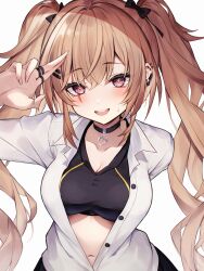 Rule 34 | 1girl, :d, absurdres, arm behind back, arm up, bow, breasts, brown hair, cleavage, diieru, ear piercing, girls&#039; frontline, hair bow, hair ornament, hairclip, highres, jewelry, large breasts, long hair, looking at viewer, medium breasts, multiple rings, open clothes, open mouth, open shirt, piercing, pink eyes, ring, simple background, smile, solo, twintails, ump9 (girls&#039; frontline), upper body, very long hair, white background