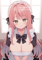 Rule 34 | 1girl, apron, black bow, black bowtie, black dress, blunt bangs, blush, bow, bowtie, breasts, cleavage, closed mouth, dress, frilled apron, frills, green eyes, highres, indoors, large breasts, long hair, looking at viewer, maid, maid apron, maid headdress, original, pink hair, smile, solo, uramakaron, v arms, white apron