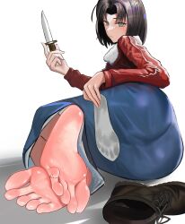 Rule 34 | 1girl, absurdres, ass, barefoot, blue kimono, boots, brown hair, fate/grand order, fate (series), feet, foot focus, highres, holding, holding knife, jacket, japanese clothes, kara no kyoukai, kimono, knife, looking at viewer, red jacket, ryougi shiki, shoe insert, soles, solo, suiryuu (18559651), toes, unworn boot, unworn boots
