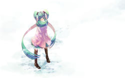 Rule 34 | boots, coat, footprints, from above, hatsune miku, highres, legs apart, long hair, miniskirt, neko3, outdoors, pink coat, scarf, skirt, snow, snowing, solo, standing, very long hair, vocaloid, white background, white theme