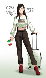 Rule 34 | 1girl, absurdres, backpack, bag, black hair, breasts, brown pants, commentary, cropped sweater, earrings, english commentary, english text, final fantasy, final fantasy vii, flag, francisco mon, full body, highres, holding, holding flag, italian flag, jewelry, large breasts, luggage, midriff, navel, pants, pants rolled up, red eyes, rolling suitcase, signature, solo, suitcase, tifa lockhart