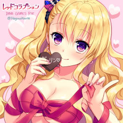 Rule 34 | 1girl, blonde hair, blush, bow, breasts, candy, character request, chocolate, chocolate heart, cleavage, closed mouth, collarbone, copyright name, fingernails, food, hagino kouta, hair between eyes, heart, holding, holding food, large breasts, looking at viewer, luise (red corruption), nail polish, naked ribbon, official art, pink background, pink nails, purple eyes, red bow, red corruption, red ribbon, ribbon, smile, solo, translation request, twitter username