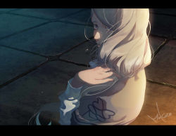 Rule 34 | 1girl, backlighting, blonde hair, blue eyes, commentary request, fire emblem, fire emblem: three houses, from behind, hair over shoulder, hand on own shoulder, letterboxed, long hair, long sleeves, looking at viewer, looking back, low-tied long hair, makoto kohuku, mercedes von martritz, messy hair, nintendo, profile, purple eyes, solo, tearing up, tile floor, tiles, upper body