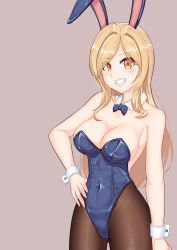 Rule 34 | 1girl, absurdres, animal ears, blonde hair, blue bow, blue bowtie, blue leotard, bow, bowtie, brown pantyhose, cowboy shot, detached collar, grey background, grin, hand on own hip, highres, idolmaster, idolmaster million live!, leotard, long hair, momose rio, nyang-kaz, pantyhose, playboy bunny, rabbit ears, red eyes, simple background, smile, solo, strapless, strapless leotard, wrist cuffs