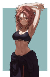 Rule 34 | 1girl, absolutemabbak, alternate costume, armpits, blue background, blush, breasts, cleavage, closed mouth, clothes around waist, collarbone, girls und panzer, highres, looking at viewer, medium breasts, midriff, navel, overalls, red eyes, red hair, rosehip (girls und panzer), solo, sports bra, stretching, two-tone background, white background