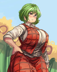 Rule 34 | 1girl, breasts, chanta (ayatakaoisii), curvy, flower, green hair, hand on own hip, huge breasts, kazami yuuka, plump, red eyes, short hair, solo, sunflower, sweat, thick thighs, thighs, touhou, wide hips