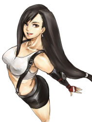 Rule 34 | 1990s (style), bad id, bad pixiv id, black hair, brown eyes, earrings, elbow gloves, final fantasy, final fantasy vii, fingerless gloves, gloves, gus (clarkii), jewelry, long hair, miniskirt, open mouth, ponytail, retro artstyle, skirt, solo, square enix, suspenders, tank top, tifa lockhart