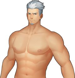 Rule 34 | 1boy, abs, artist request, bara, completely nude, facial hair, game cg, goatee, gyee, large pectorals, looking at viewer, male focus, miles (gyee), muscular, muscular male, navel, nipples, nude, official art, pectorals, short hair, silver hair, solo, stomach, transparent background, undercut