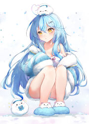 Rule 34 | 1girl, ahoge, animal slippers, blonde hair, blue hair, blue jacket, bow, breasts, camisole, chestnut mouth, cloak, coat, collarbone, elphe, fur-trimmed cloak, fur-trimmed sleeves, fur trim, hair ornament, heart, heart ahoge, highres, hololive, jacket, large breasts, legs, long hair, looking down, official alternate costume, pajamas, panties, pink bow, polka dot camisole, sitting, sleeves past fingers, sleeves past wrists, slippers, snow, solo, thighs, underwear, very long hair, virtual youtuber, white camisole, white panties, winter clothes, winter coat, yukihana lamy, yukihana lamy (loungewear), yukimin (yukihana lamy)