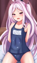 Rule 34 | 1girl, absurdres, ahoge, arms behind back, bed, bed sheet, blue archive, collarbone, commentary request, demon girl, demon horns, hair between eyes, hair ornament, hairclip, highres, hina (blue archive), hina (swimsuit) (blue archive), horns, long hair, looking at viewer, mitomumitomu, name tag, official alternate costume, old school swimsuit, one side up, purple eyes, school swimsuit, sidelocks, sitting, sleeveless, solo, swimsuit, translated, white hair