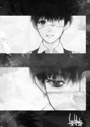 Rule 34 | 1boy, 2koma, close-up, closed mouth, comic, dated, eyepatch, greyscale, ishida sui, kaneki ken, looking at viewer, male focus, monochrome, signature, tokyo ghoul