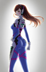 Rule 34 | 1girl, acronym, armor, ass, backlighting, bodysuit, breasts, brown eyes, brown hair, character name, clenched hand, closed mouth, clothes writing, cowboy shot, d.va (overwatch), english text, facepaint, facial mark, floating hair, from behind, from side, gloves, gradient background, grey background, hand on own hip, headphones, high collar, highres, legs apart, light smile, lips, long hair, looking at viewer, looking back, lqk jing jia, medium breasts, outline, overwatch, overwatch 1, pauldrons, pilot suit, pink lips, profile, shoulder armor, shoulder pads, skin tight, skindentation, smile, solo, standing, thigh strap, turtleneck, whisker markings, white gloves