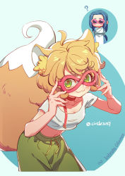 Rule 34 | 1boy, 1girl, ?, animal ears, blush, brown hair, cowboy shot, crop top, fox ears, fox girl, fox tail, green eyes, green pants, hands up, highres, infinity symbol, leaning forward, looking at viewer, luo xiaohei zhanji, midriff, navel, pants, ruoshui (the legend of luoxiaohei), shirt, short hair, short sleeves, smile, solo focus, suncle, tail, twitter username, white shirt, wuxian (the legend of luoxiaohei)