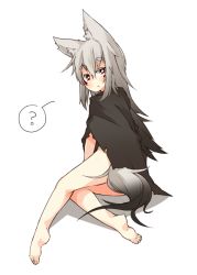 Rule 34 | 1girl, ?, akasha (syakoba), animal ears, barefoot, bright pupils, expressionless, facepaint, full body, gradient hair, grey hair, long hair, looking at viewer, looking back, multicolored hair, original, shako (syakoba3), simple background, solo, spoken question mark, tail, torn clothes, white background, wolf ears, wolf tail