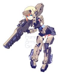 Rule 34 | 10s, 1girl, black gloves, blonde hair, blue eyes, dee (fire2332), elbow gloves, frame arms girl, gloves, gourai, gun, hand on own head, headgear, mecha musume, panties, short hair, simple background, solo, striped clothes, striped panties, underwear, weapon