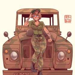 Rule 34 | 1girl, absurdres, artist name, beret, blue eyes, blush, breasts, brown hair, camouflage, camouflage pants, cleavage, commission, hat, highres, land rover, license plate, original, pants, smile, solo, sports utility vehicle, tattoo, willy pete