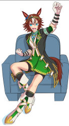 Rule 34 | 1girl, animal ears, arm up, armband, bamboo memory (umamusume), black hairband, black jacket, black socks, blue eyes, blush, boots, brown hair, clenched hands, collared shirt, commentary request, couch, elbow gloves, fukami (trash sp), full body, gloves, green skirt, grey shirt, hair between eyes, hairband, horse ears, horse girl, horse tail, jacket, knee boots, kneehighs, long sleeves, looking at viewer, multicolored hair, nose blush, on couch, open clothes, open jacket, open mouth, shirt, simple background, sitting, sketch, skirt, socks, solo, streaked hair, tail, umamusume, white background, white footwear, white gloves, white hair, white jacket