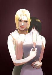 Rule 34 | 2girls, back, bad id, bad pixiv id, black hair, blonde hair, couple, fingernails, hand on another&#039;s hip, lips, lipstick, long hair, low twintails, makeup, may c (lovemeiko), multiple girls, nail polish, naruto, naruto (series), red eyes, red lips, red nails, shizune (naruto), short hair, smile, tsunade (naruto), twintails, undressing, yuri