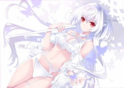 Rule 34 | 1girl, bra, breasts, bug, butterfly, character request, cleavage, commentary request, copyright request, cowboy shot, dutch angle, fate (series), garter belt, garter straps, highres, holding, insect, lady avalon (fate), lady avalon (second ascension) (fate), light smile, long hair, looking back, merlin (fate/prototype), panties, red eyes, small breasts, solo, suzuhira hiro, underwear, white bra, white hair, white panties