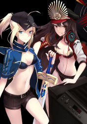 Rule 34 | 2girls, amplifier, artoria pendragon (fate), belt, bikini, black background, black bikini, black hair, black shorts, blonde hair, blue eyes, breasts, closed mouth, collarbone, fate/grand order, fate (series), frilled bikini, frills, hat, headphones, headphones around neck, highres, holding, holding sword, holding weapon, jacket, letterman jacket, long hair, looking at viewer, medium breasts, mouth hold, multiple girls, mysterious heroine x (fate), navel, oda nobunaga (fate), oda nobunaga (koha-ace), oda nobunaga (swimsuit berserker) (fate), oda nobunaga (swimsuit berserker) (first ascension) (fate), oda nobunaga (swimsuit berserker) (second ascension) (fate), open clothes, open jacket, peaked cap, planted, planted sword, planted weapon, ponytail, red eyes, shigure s, shorts, simple background, smile, standing, swimsuit, sword, thighs, weapon