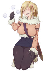 Rule 34 | 1girl, bad id, bad pixiv id, between breasts, black gloves, blonde hair, blush, bodysuit, bodysuit under clothes, boots, breasts, breasts apart, coat, covered erect nipples, darkness (konosuba), closed eyes, full body, fur trim, gloves, hair ornament, kneeling, kono subarashii sekai ni shukufuku wo!, large breasts, long hair, long sleeves, miniskirt, open mouth, ponytail, scabbard, sheath, sheathed, shoulder strap, simple background, skirt, smile, solo, strap between breasts, sword, thick thighs, thighs, wakkuchin20, weapon, white background