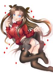 Rule 34 | 1girl, :q, ass, black thighhighs, blue eyes, breasts, brown hair, clothes lift, fate/stay night, fate (series), female focus, hair ribbon, large breasts, long hair, panties, ribbon, skirt, skirt lift, smile, solo, sw (shinwe35), thighhighs, tohsaka rin, tongue, tongue out, twintails, underwear, very long hair