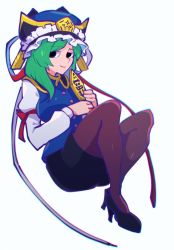 Rule 34 | 1girl, asymmetrical hair, black eyes, blue vest, bow, buttons, chromatic aberration, collared vest, epaulettes, green hair, hat, high heels, highres, iganashi1, knees up, long sleeves, looking at viewer, looking to the side, miniskirt, one-hour drawing challenge, pantyhose, red bow, rod of remorse, shiki eiki, shirt, short hair, simple background, sitting, skirt, sleeve bow, smile, solo, touhou, vest, white background, white bow, white shirt
