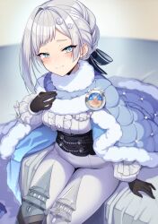 Rule 34 | 1girl, akershus fortress (oshiro project), badge, bed, bed sheet, black gloves, blue cape, blue cloak, blue eyes, bodysuit, braid, breasts, cape, center frills, cloak, closed mouth, corset, fluff, frills, fur-trimmed cape, fur-trimmed cloak, fur trim, gloves, grey hair, hair ornament, highres, kinsenka momi, long sleeves, looking at viewer, medium breasts, on bed, oshiro project:re, oshiro project:re, padded cloak, puffy long sleeves, puffy sleeves, short hair, sitting, smile, solo, thighs, tight clothes, white bodysuit