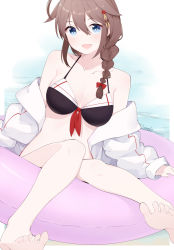 Rule 34 | 1girl, ahoge, barefoot, bikini, blue eyes, blush, braid, breasts, brown hair, commentary request, hair between eyes, hair flaps, hair ornament, hair over shoulder, highres, ieufg, kantai collection, long hair, looking at viewer, medium breasts, off shoulder, open mouth, ribbon, sailor collar, shigure (kancolle), shigure kai ni (kancolle), single braid, sitting, smile, solo, swimsuit