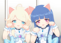 Rule 34 | 2girls, ahoge, animal ears, blonde hair, blue bow, blue dress, blue hair, blush, bow, brooch, buttons, cat ears, clenched hands, commentary request, dress, fake animal ears, flat chest, frilled dress, frilled wristband, frills, green eyes, grey background, hair flaps, half-closed eyes, hands up, heart, heart brooch, highres, hosizora mikoto, idolmaster, idolmaster cinderella girls, idolmaster cinderella girls u149, jewelry, jitome, long hair, looking at viewer, low twintails, medium hair, multiple girls, open mouth, paw pose, red eyes, sajo yukimi, sidelocks, sleeveless, sleeveless dress, smile, twintails, upper body, yusa kozue
