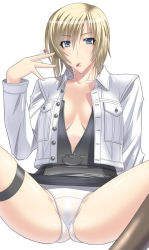 Rule 34 | 1girl, alternate color, aya brea, blonde hair, blue eyes, drugs, kansuke, mouth hold, open clothes, open shirt, panties, parasite eve, parasite eve ii, pill, shirt, short hair, solo, spread legs, thigh strap, underwear, unzipped, white panties