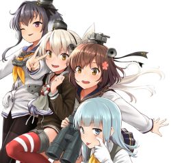 Rule 34 | 4girls, akanbe, amatsukaze (kancolle), binoculars, black dress, black hair, black legwear, blue eyes, blue hair, blue sailor collar, blunt bangs, blush, brown eyes, brown hair, dress, eyelid pull, flower, gloves, grey hair, grey neckwear, hair flower, hair ornament, hair tubes, hatsukaze (kancolle), headgear, holding, holding binoculars, kantai collection, blue background, light blue hair, long hair, long sleeves, multiple girls, one eye closed, open mouth, pantyhose, purple eyes, red legwear, sailor collar, sailor dress, shirt, short hair, short hair with long locks, simple background, striped clothes, striped legwear, striped thighhighs, sweat, teeth, thighhighs, tokitsukaze (kancolle), tongue, tongue out, two side up, upper teeth only, v, watanore, white background, white dress, white gloves, white sailor collar, white shirt, yellow neckwear, yukikaze (kancolle)