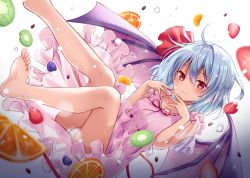 Rule 34 | 1girl, alternate costume, ass, bare legs, barefoot, bat wings, blue hair, breasts, collarbone, commentary request, dress, feet out of frame, food, fruit, hair between eyes, hands up, kiwi (fruit), kiwi slice, kure~pu, legs up, looking at viewer, no headwear, orange (fruit), orange slice, panties, pantyshot, pink dress, red eyes, red ribbon, remilia scarlet, ribbon, ribbon trim, see-through, see-through sleeves, short hair, simple background, small breasts, smile, solo, sparkle, strawberry, thighs, touhou, underwear, white background, white panties, wings