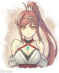 Rule 34 | 1girl, bare shoulders, breasts, cleavage, detached sleeves, flat chest, glimmer (xenoblade), gofelem, green eyes, hair ornament, headband, high ponytail, long hair, looking at viewer, medium breasts, red eyes, smile, solo, upper body, very long hair, xenoblade chronicles (series), xenoblade chronicles 3