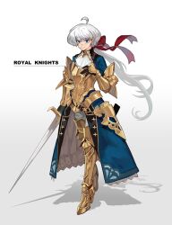 Rule 34 | 1boy, ahoge, armor, armored boots, ascot, black gloves, blue eyes, blue shirt, boots, couter, cuirass, english text, faulds, full body, gloves, gold armor, grey pants, hair between eyes, hair ribbon, hand on own chest, holding, holding sword, holding weapon, knight, long hair, looking at viewer, low ponytail, male focus, original, pants, red ribbon, ribbon, sennohajime, shadow, shirt, smile, solo, standing, sword, tachi-e, thigh boots, vambraces, waist cape, weapon, white ascot, white background, white hair, wing collar