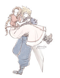 Rule 34 | 1boy, 1girl, aerith gainsborough, ancotsubu, armor, artist name, baggy pants, bangle, blonde hair, blue eyes, blue pants, blue shirt, boots, bracelet, carrying, cloud strife, cropped jacket, dress, final fantasy, final fantasy vii, final fantasy vii remake, full body, gloves, green eyes, hand on another&#039;s shoulder, highres, jacket, jewelry, long dress, long hair, looking to the side, pants, parted bangs, parted lips, pink dress, princess carry, red jacket, shirt, short hair, short sleeves, shoulder armor, sidelocks, sketch, sleeveless, sleeveless turtleneck, spiked hair, square enix, turtleneck, twitter username, white background