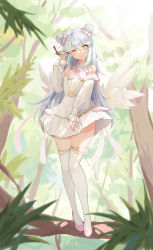 Rule 34 | 1girl, ;), absurdres, ahoge, alternate costume, bird, bird on hand, blush, bow, bowtie, branch, buttons, closed mouth, collared dress, commentary request, counter:side, dappled sunlight, detached sleeves, dot nose, double bun, dress, feathered wings, flower, forest, full body, gaeun (counter:side), gold trim, hair between eyes, hair bun, hair flower, hair ornament, halter dress, halterneck, hand up, head tilt, heart, heart button, high heels, highres, light rays, long hair, long sleeves, looking at viewer, low wings, naimiaomiaomiaomiao, nature, one eye closed, over-kneehighs, parted bangs, pink bow, pink footwear, puffy sleeves, pumps, skirt, skirt tug, sleeveless, sleeveless dress, smile, solo, standing, standing on branch, sunbeam, sunlight, swept bangs, thighhighs, thighlet, tree, very long hair, white hair, white thighhighs, winged heart, wings, wrist cuffs, yellow eyes, zettai ryouiki, ||/