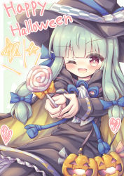 Rule 34 | 1girl, ;d, absurdres, bad id, bad pixiv id, black cape, black dress, black hat, black pantyhose, blue bow, blue ribbon, blush, bow, candy, cape, commentary request, dress, food, green background, green hair, hair bow, halloween, happy halloween, hat, heart, highres, holding, holding candy, holding food, holding lollipop, kotonoha aoi, lollipop, long hair, long sleeves, multicolored cape, multicolored clothes, one eye closed, open mouth, outstretched arms, pantyhose, red eyes, ribbon, sidelocks, smile, solo, swirl lollipop, two-tone background, v-shaped eyebrows, voiceroid, waste (arkaura), witch hat, yellow cape