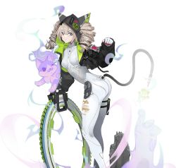Rule 34 | 1girl, animal ears, audio jack, blonde hair, blue eyes, bodysuit, brown eyes, cable, cat ears, cat girl, cat tail, drill hair, facing viewer, fake animal ears, fake tail, looking back, looking to the side, multicolored eyes, official art, shiro (tower of fantasy), solo, tail, tower of fantasy, twin drills