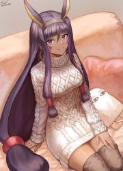 Rule 34 | 1girl, animal ears, breasts, brown thighhighs, closed mouth, couch, cushion, dark-skinned female, dark skin, earrings, facepaint, facial mark, fate/grand order, fate (series), hair tubes, hairband, highres, hoop earrings, jackal ears, jewelry, long hair, long sleeves, looking at viewer, low-tied long hair, mashuu (neko no oyashiro), medjed (fate), nitocris (fate), purple eyes, purple hair, sidelocks, signature, sitting, small breasts, smile, solo, sweater, thighhighs, thighs, turtleneck, turtleneck sweater, very long hair, white sweater