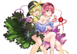 Rule 34 | 2girls, :d, bad id, bad pixiv id, bare legs, black hat, blouse, blue shirt, blush, clothes pull, dress pull, fang, grabbing, grabbing another&#039;s breast, green eyes, green hair, green skirt, hairband, hand under clothes, hat, hat ribbon, heart, heart-shaped pupils, hug, hug from behind, incest, komeiji koishi, komeiji satori, long sleeves, multiple girls, off shoulder, open mouth, pink eyes, pink hair, pink skirt, ribbon, ribbon-trimmed collar, ribbon-trimmed sleeves, ribbon trim, shirt, short hair, siblings, simple background, sisters, skirt, smile, surprised, symbol-shaped pupils, third eye, touhou, white background, wide sleeves, yellow ribbon, yuri