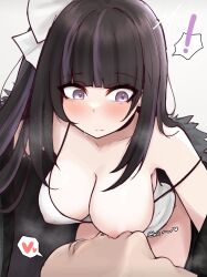 Rule 34 | !, 1boy, 1girl, black choker, black coat, black hair, blunt bangs, blush, bow, breast sucking, breasts, choker, closed mouth, clothes pull, coat, dress, dress pull, faceless, faceless male, fur-trimmed coat, fur trim, hair bow, heart, hetero, highres, indie virtual youtuber, large breasts, m r b, multicolored hair, no bra, no eyes, purple eyes, purple hair, ririsya, short sidetail, simple background, spaghetti strap, spoken exclamation mark, spoken heart, steaming body, strap slip, streaked hair, sweatdrop, thought bubble, virtual youtuber, white background, white bow, white dress, wide-eyed