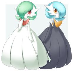 Rule 34 | 2girls, alternate color, bare shoulders, black dress, black gloves, blue hair, blush, bob cut, border, closed mouth, colored skin, creatures (company), dress, elbow gloves, expressionless, female focus, flat chest, full body, game freak, gardevoir, gen 3 pokemon, gloves, green hair, grey background, hair over one eye, hand to own mouth, hand up, happy, highres, light blush, looking at viewer, lotosu, mega gardevoir, mega pokemon, multiple girls, nintendo, orange eyes, pokemon, pokemon (creature), red eyes, shiny and normal, shiny pokemon, short hair, simple background, smile, standing, strapless, strapless dress, white border, white dress, white gloves, white skin